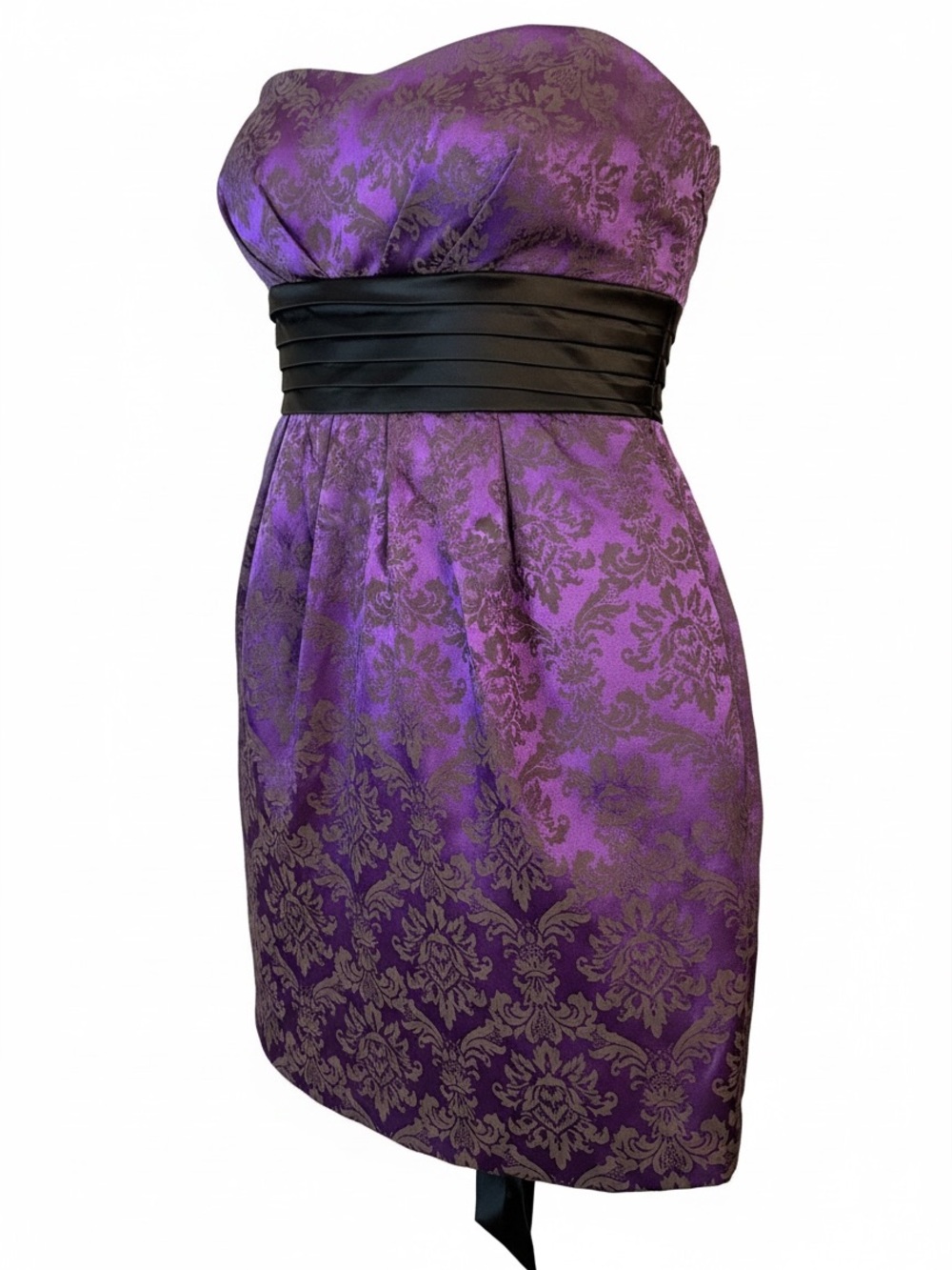 Strapless Purple Jacquard Cocktail Dress with Black Sash